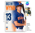 Editable baseball poster Canva template featuring a baseball player, bold halftone graphics, oversized athlete name, distressed player number, team name, position, and class year.