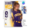 Editable softball poster Canva template featuring a softball player, bold halftone graphics, oversized athlete name, distressed player number, team name, position, and class year.