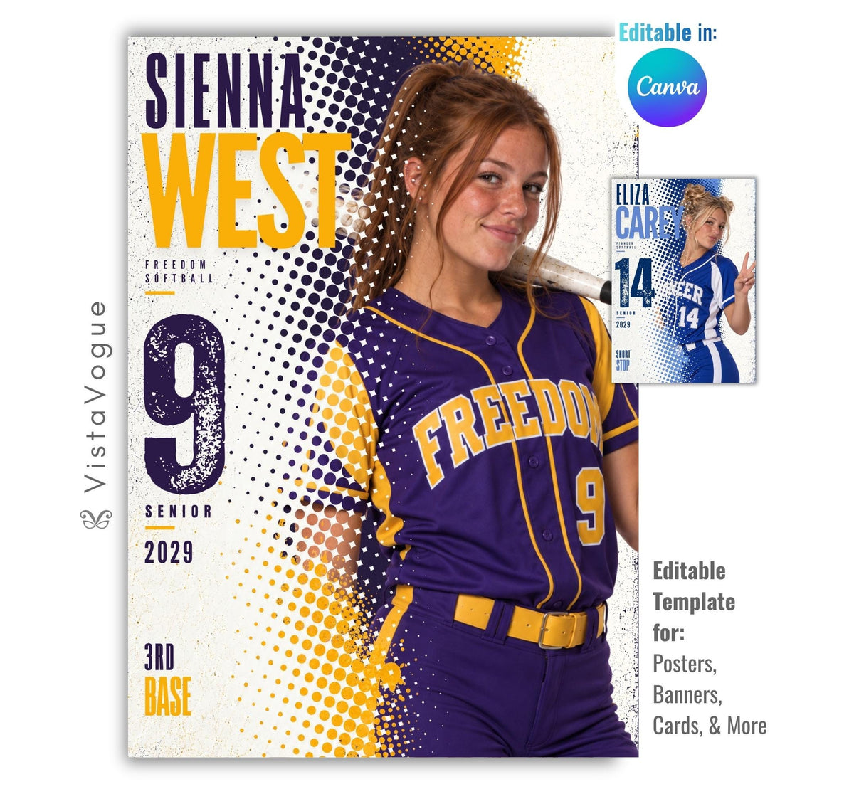 Editable softball poster Canva template featuring a softball player, bold halftone graphics, oversized athlete name, distressed player number, team name, position, and class year.
