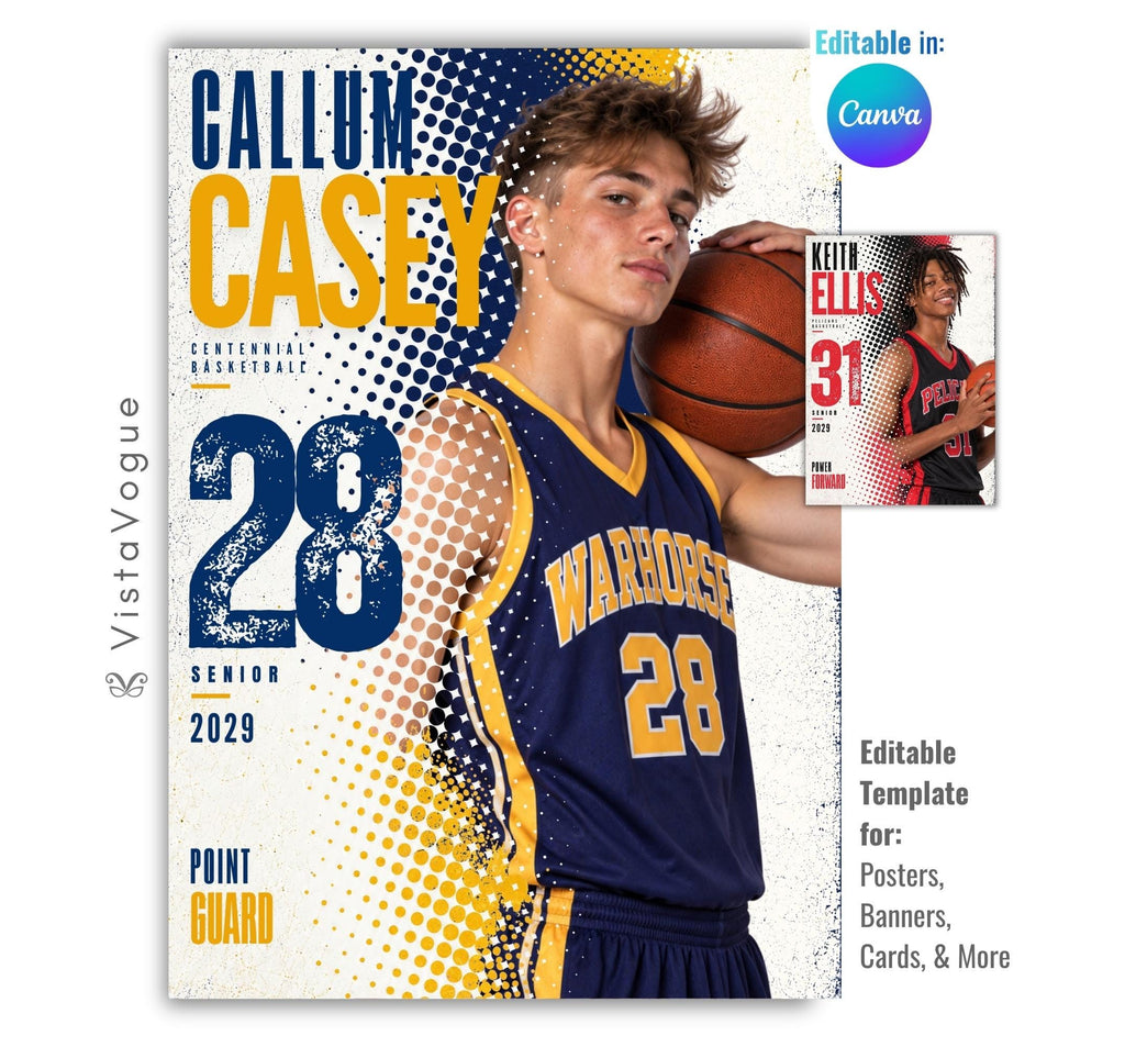 Editable basketball poster Canva template featuring a basketball player, bold halftone graphics, oversized athlete name, distressed player number, team name, position, and class year.