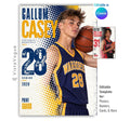 Editable basketball poster Canva template featuring a basketball player, bold halftone graphics, oversized athlete name, distressed player number, team name, position, and class year.