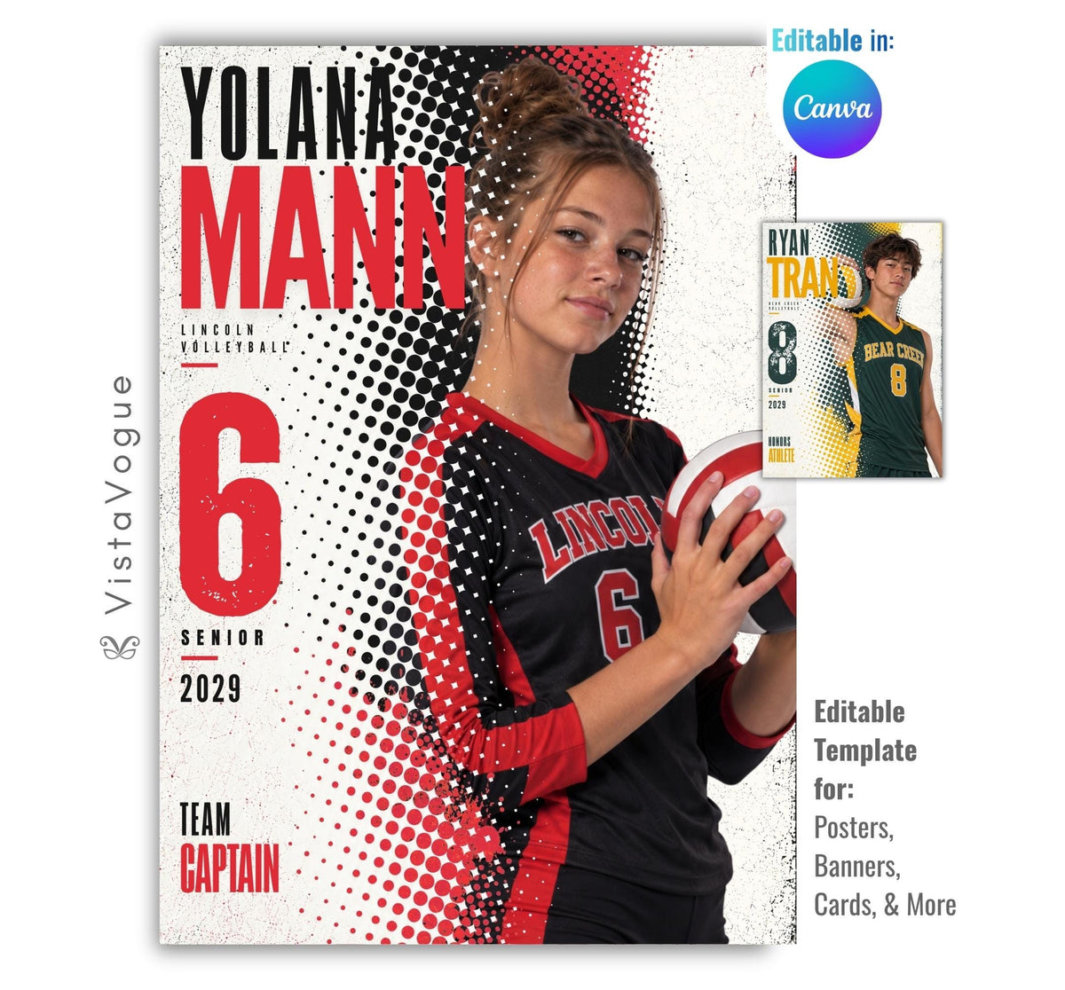 Editable volleyball poster Canva template featuring a volleyball player, bold halftone graphics, oversized athlete name, distressed player number, team name, position, and class year.