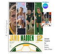Editable soccer poster Canva template featuring four athlete photos, bold player name and number, position, class year, team information, custom quote text, and a large soccer ball graphic.