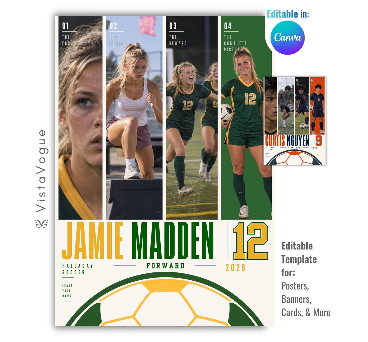 Editable soccer poster Canva template featuring four athlete photos, bold player name and number, position, class year, team information, custom quote text, and a large soccer ball graphic.