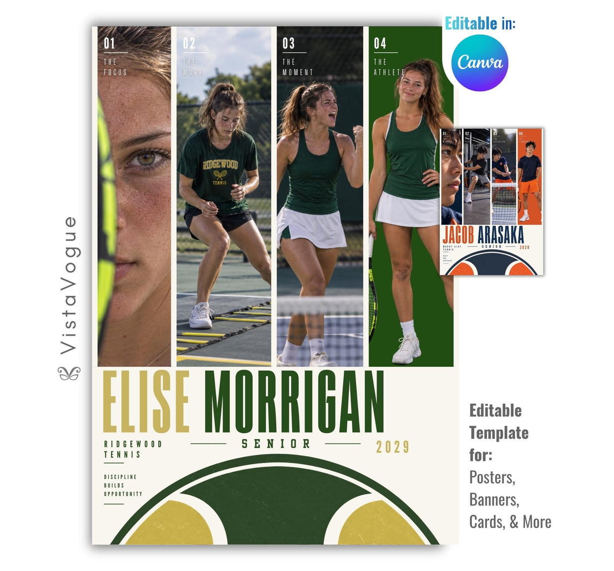 Editable tennis poster Canva template featuring four athlete photos, bold athlete name, position, class year, team information, custom quote text, optional player number, and a large tennis graphic.