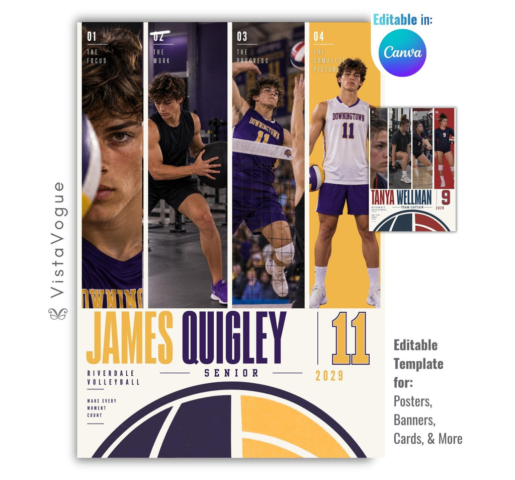 Editable volleyball poster Canva template featuring four athlete photos, bold player name and number, position, class year, team information, custom quote text, and a large volleyball graphic.