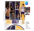 Editable volleyball poster Canva template featuring four athlete photos, bold player name and number, position, class year, team information, custom quote text, and a large volleyball graphic.