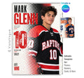Editable hockey poster Canva template featuring a hockey player, bold halftone graphics, oversized athlete name, distressed player number, team name, position, and class year.