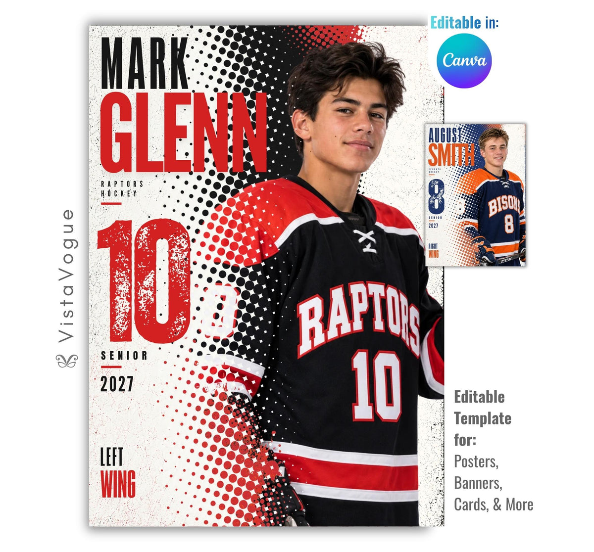 Editable hockey poster Canva template featuring a hockey player, bold halftone graphics, oversized athlete name, distressed player number, team name, position, and class year.