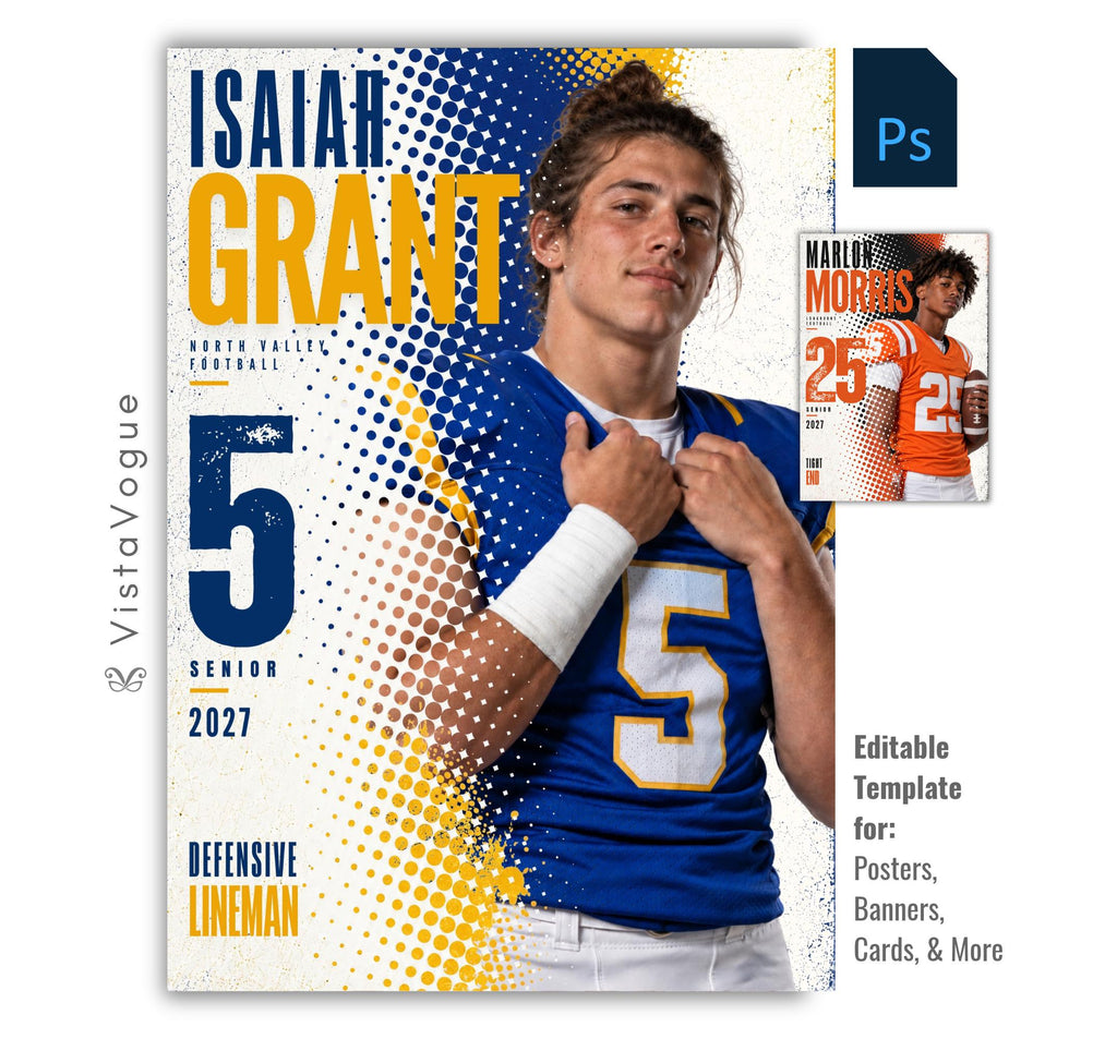 Editable football poster Photoshop template featuring a football player, bold halftone graphics, oversized athlete name, distressed player number, team name, position, and class year.