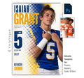Editable football poster Photoshop template featuring a football player, bold halftone graphics, oversized athlete name, distressed player number, team name, position, and class year.