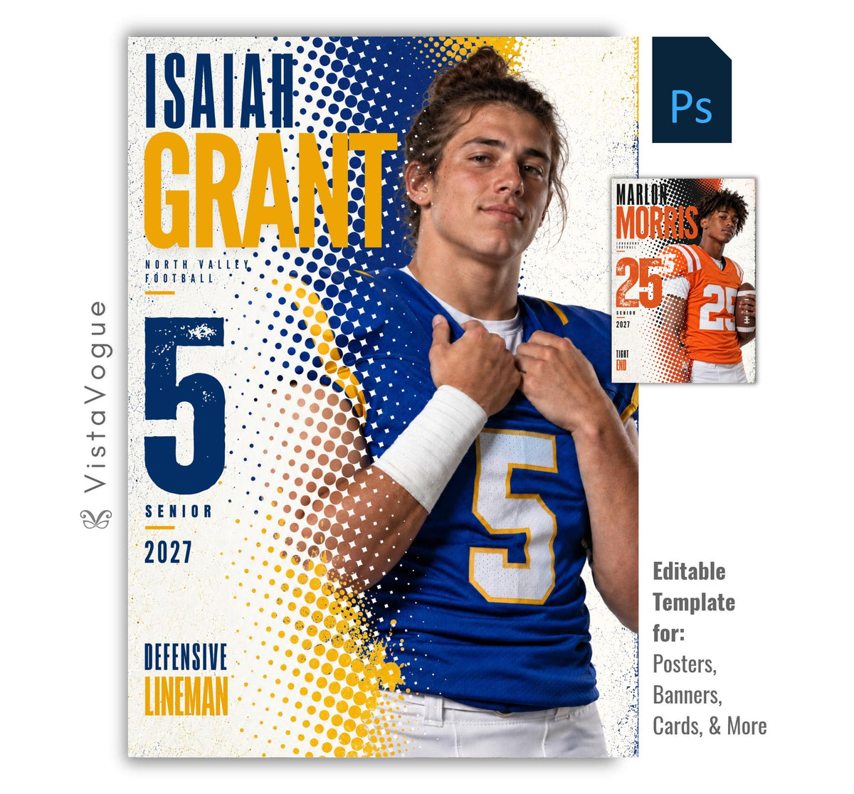 Editable football poster Photoshop template featuring a football player, bold halftone graphics, oversized athlete name, distressed player number, team name, position, and class year.
