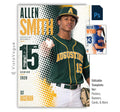 Editable baseball poster Photoshop template featuring a baseball player, bold halftone graphics, oversized athlete name, distressed player number, team name, position, and class year.