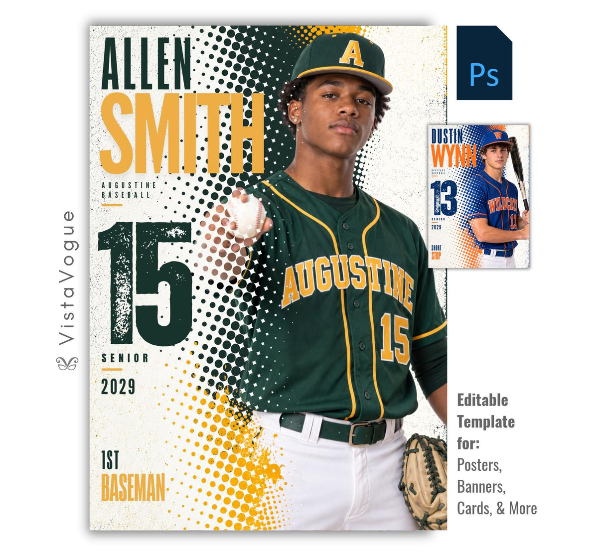 Editable baseball poster Photoshop template featuring a baseball player, bold halftone graphics, oversized athlete name, distressed player number, team name, position, and class year.