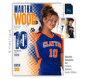 Editable soccer poster Photoshop template featuring a soccer player, bold halftone graphics, oversized athlete name, distressed player number, team name, position, and class year.