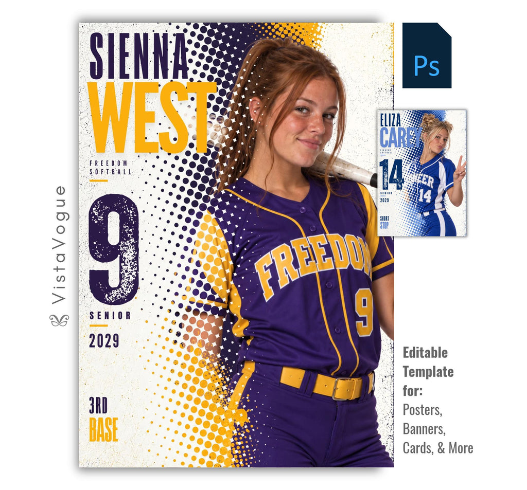 Editable softball poster Photoshop template featuring a softball player, bold halftone graphics, oversized athlete name, distressed player number, team name, position, and class year.