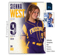 Editable softball poster Photoshop template featuring a softball player, bold halftone graphics, oversized athlete name, distressed player number, team name, position, and class year.