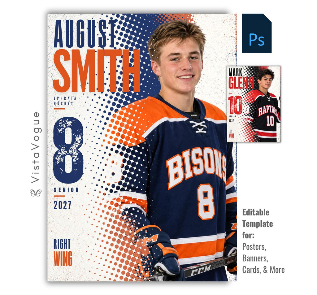 Editable hockey poster Photoshop template featuring a hockey player, bold halftone graphics, oversized athlete name, distressed player number, team name, position, and class year.