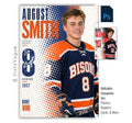 Editable hockey poster Photoshop template featuring a hockey player, bold halftone graphics, oversized athlete name, distressed player number, team name, position, and class year.