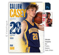 Editable basketball poster Photoshop template featuring a basketball player, bold navy and gold halftone graphics, oversized athlete name, distressed player number, team name, position, and class year.