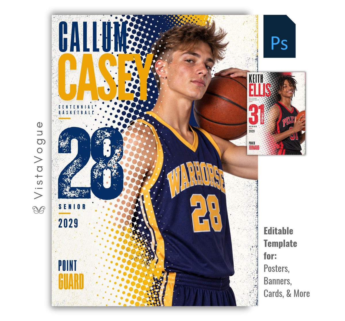 Editable basketball poster Photoshop template featuring a basketball player, bold navy and gold halftone graphics, oversized athlete name, distressed player number, team name, position, and class year.