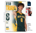 Editable volleyball poster Photoshop template featuring a volleyball player, bold halftone graphics, oversized athlete name, distressed player number, team name, position, and class year.