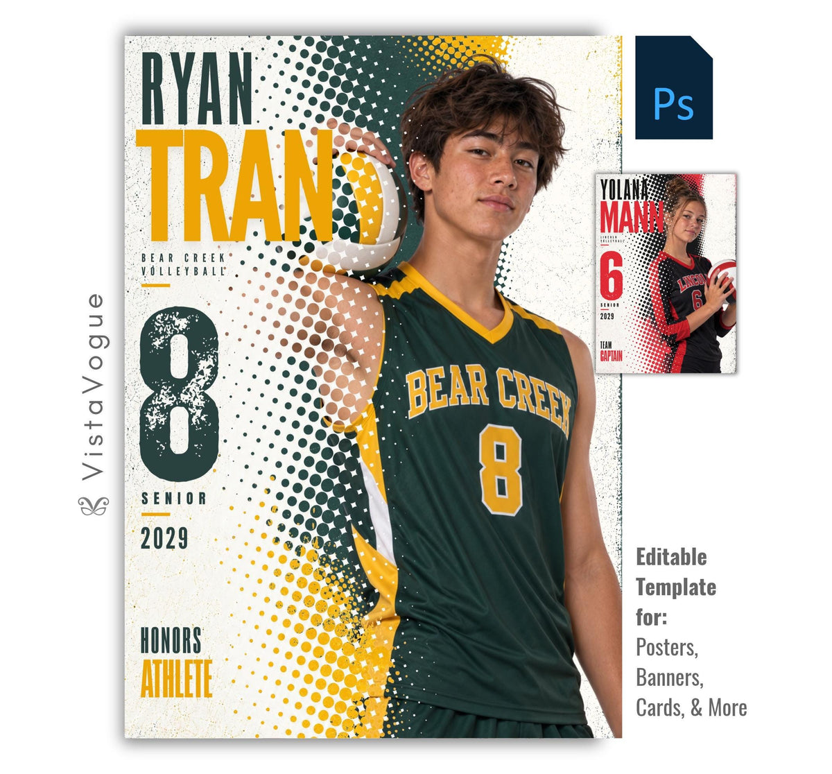 Editable volleyball poster Photoshop template featuring a volleyball player, bold halftone graphics, oversized athlete name, distressed player number, team name, position, and class year.